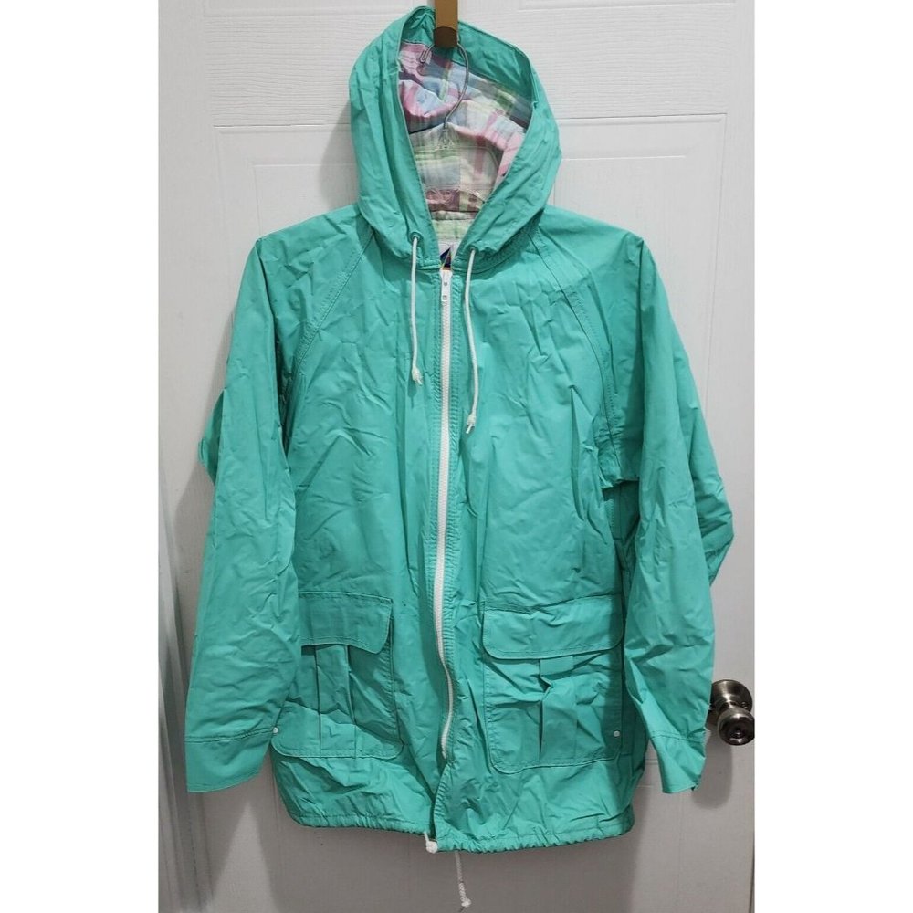 Misty Harbor All Weather Slicker Rain Coat Plaid Lined Hooded Teal Blue Size M‎